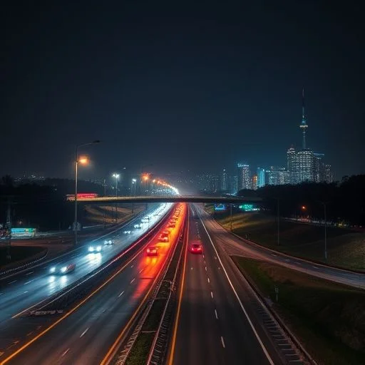 High-altitude drone shot of a sprawling futuristic city at night